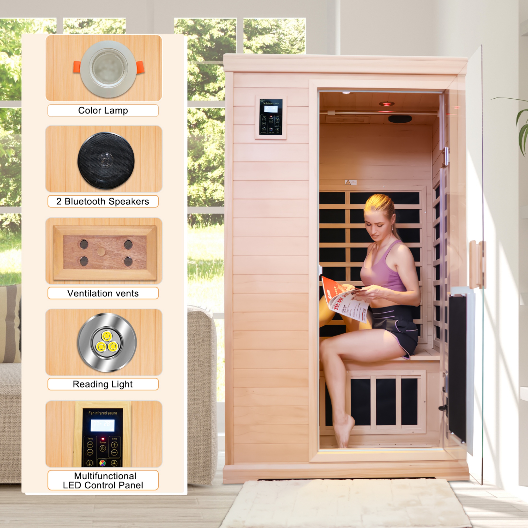 CTOSPOATO 2-Person Far Infrared Dry Sauna - Hemlock Wood Indoor Home Sauna with Low EMF, Colored Lights & 1750W Heater,Natural