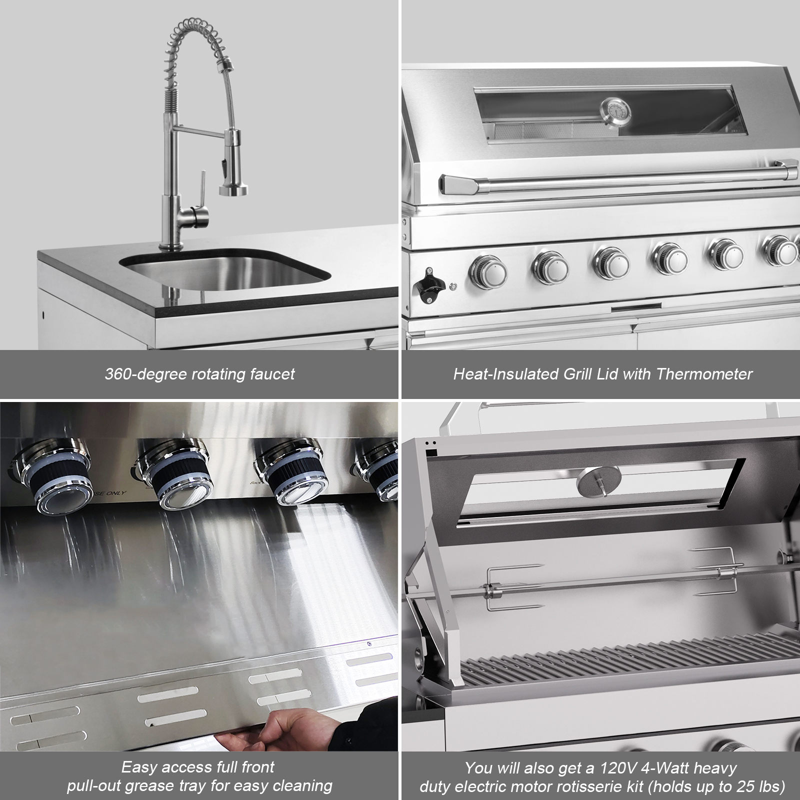 CTOSPOATO 43-Inch 6-Burner 85000 BTU Gas Grill Island - Outdoor Kitchen w/ Compact Fridge,Wine Cooler,Rotisserie,Granite Countertops & Storage Cabinets,Silver