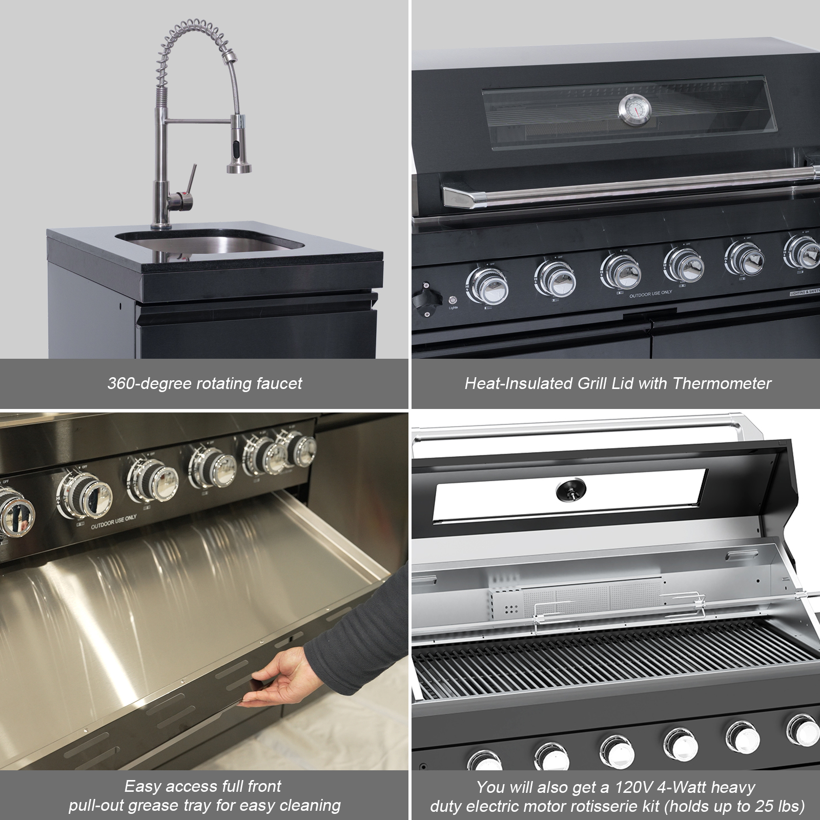 CTOSPOATO 43-Inch 6-Burner Outdoor Kitchen Grill Island,85,000 BTU Complete Stainless Steel Package with Wine Cooler,Compact Refrigerator,Rotisserie,Granite Countertop & Sink,Black