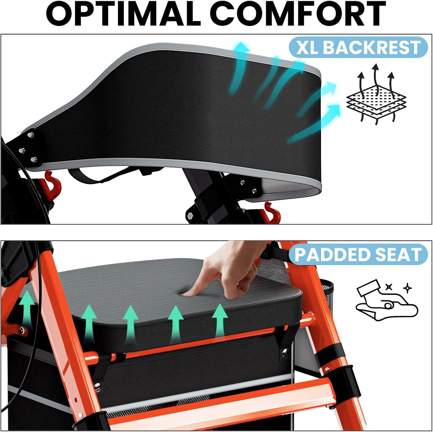 QEEKA Foldable Rollator Walkers with Seat for Seniors,450 lb Capacity,8" Wheels,18" Big Seat,6-Position Adjustable Height,Heavy-Duty Aluminum Rolling Walker