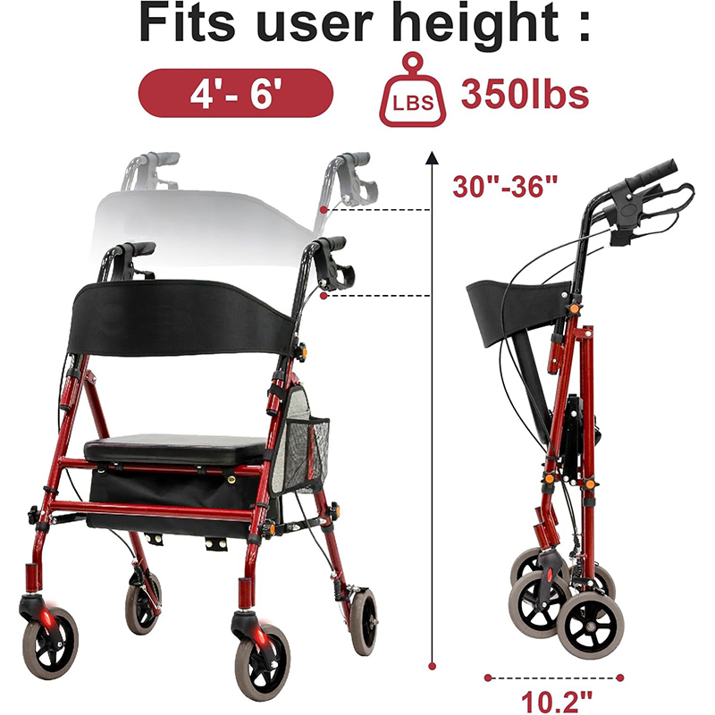 QEEKA Foldable Rolling Walker with Seat for Seniors - 350lb Weight Capacity, 5-Position Height Adjustable, Durable Hybrid Frame