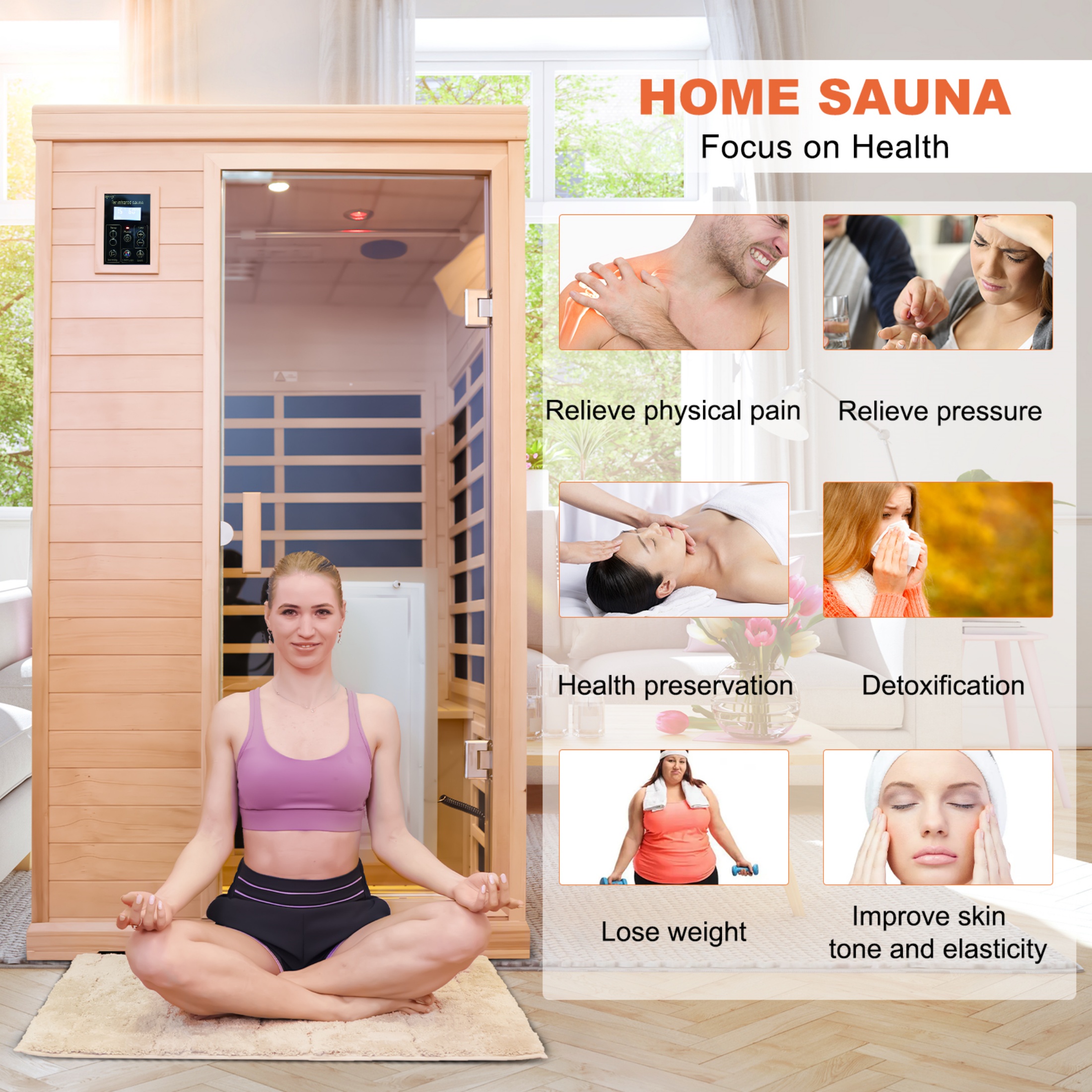 CTOSPOATO 2-Person Far Infrared Dry Sauna - Hemlock Wood Indoor Home Sauna with Low EMF, Colored Lights & 1750W Heater,Natural