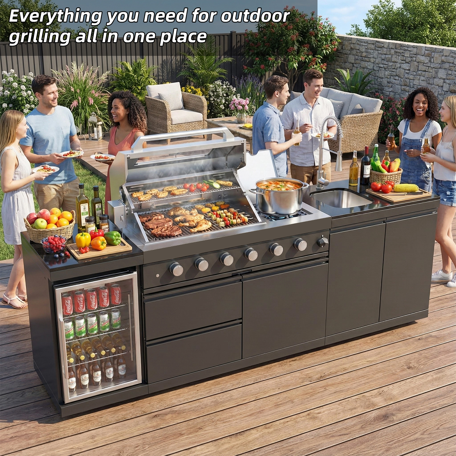 CTOSPOATO 46-Inch 4-Burner 72000 BTU Gas Grill Island - Outdoor Kitchen for Backyard Parties w/ Compact Fridge,Wine Cooler,Rotisserie,Granite Countertops & Stainless Steel Sink