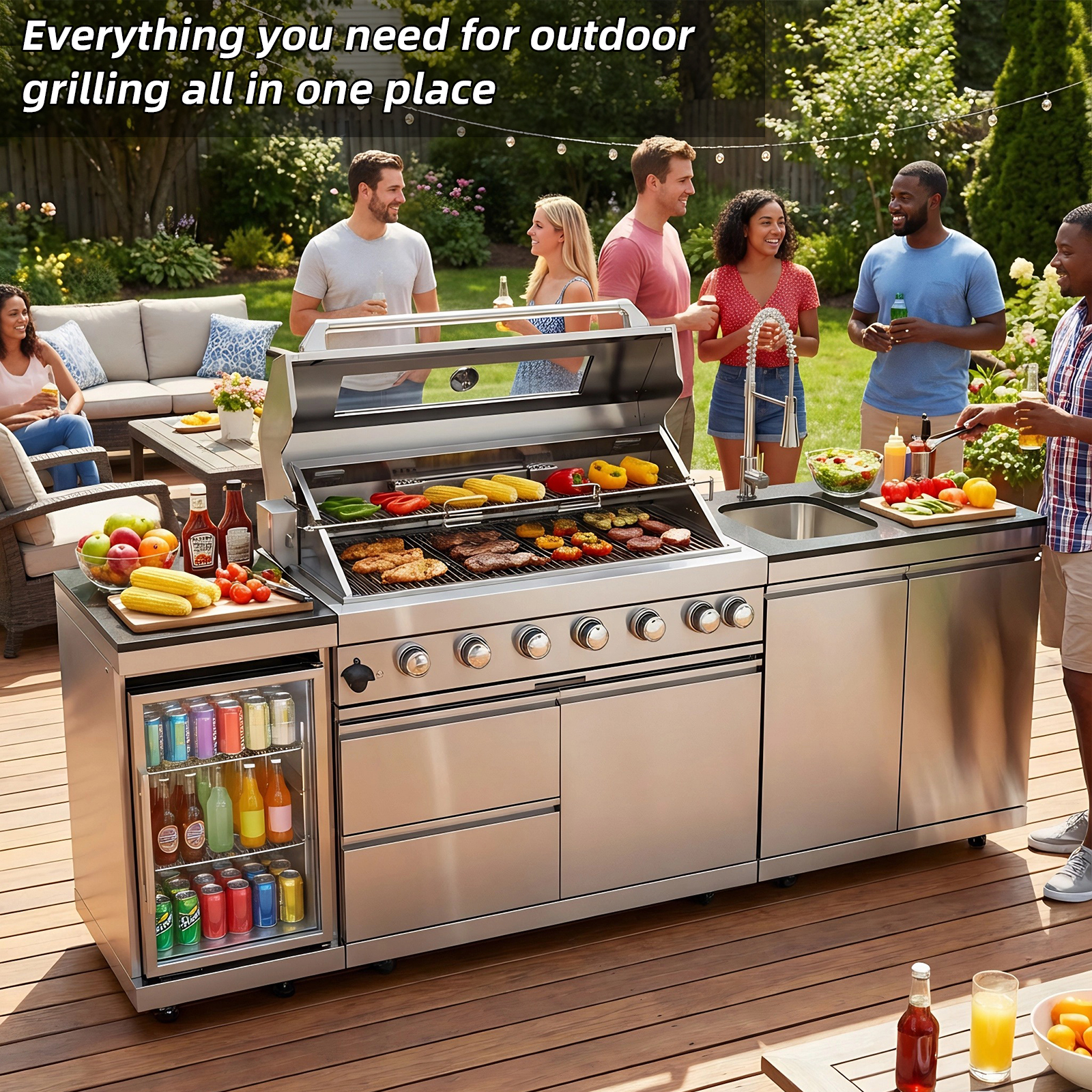 CTOSPOATO 43-Inch 6-Burner 85000 BTU Gas Grill Island - Outdoor Kitchen w/ Compact Fridge,Wine Cooler,Rotisserie,Granite Countertops & Storage Cabinets,Silver