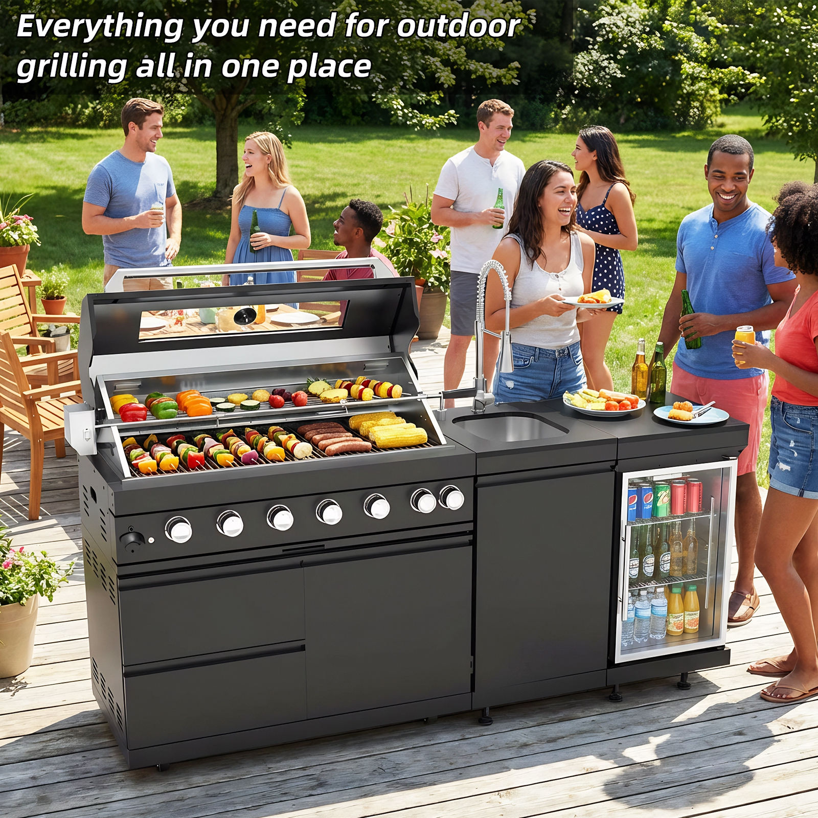 CTOSPOATO 43-Inch 6-Burner Outdoor Kitchen Grill Island,85,000 BTU Complete Stainless Steel Package with Wine Cooler,Compact Refrigerator,Rotisserie,Granite Countertop & Sink,Black