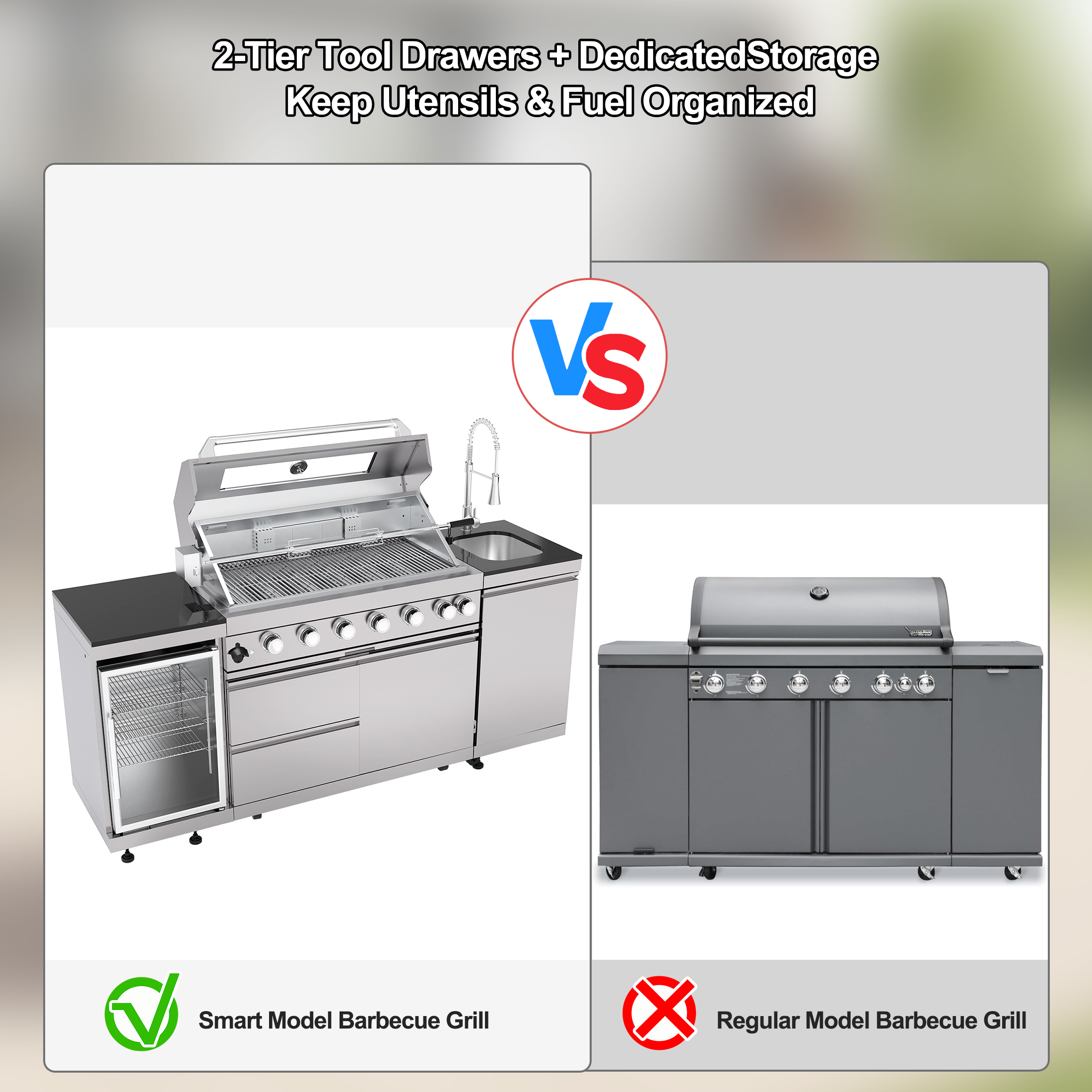 CTOSPOATO 43-Inch Deluxe 6-Burner Outdoor Kitchen Island,85,000 BTU Stainless Steel BBQ Grill,Built-In Wine Cooler,Compact Fridge,Rotisserie,Granite Countertops & Storage Cabinets,Silver