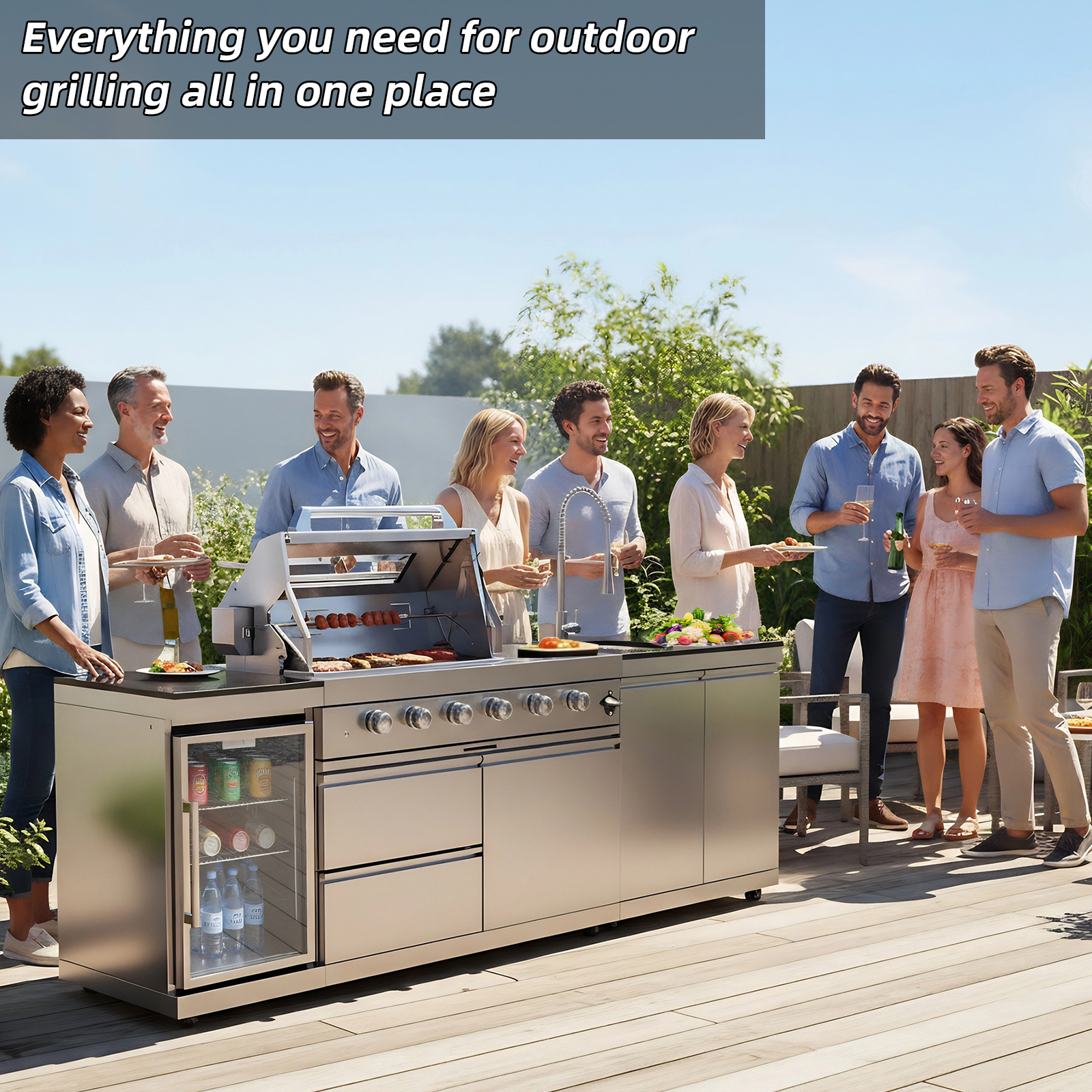 CTOSPOATO 46-Inch 4-Burner 72000 BTU Gas Grill Island - Outdoor Kitchen w/ Compact Fridge, Wine Cooler,Rotisserie,Granite Countertops & Storage Cabinets,Silver