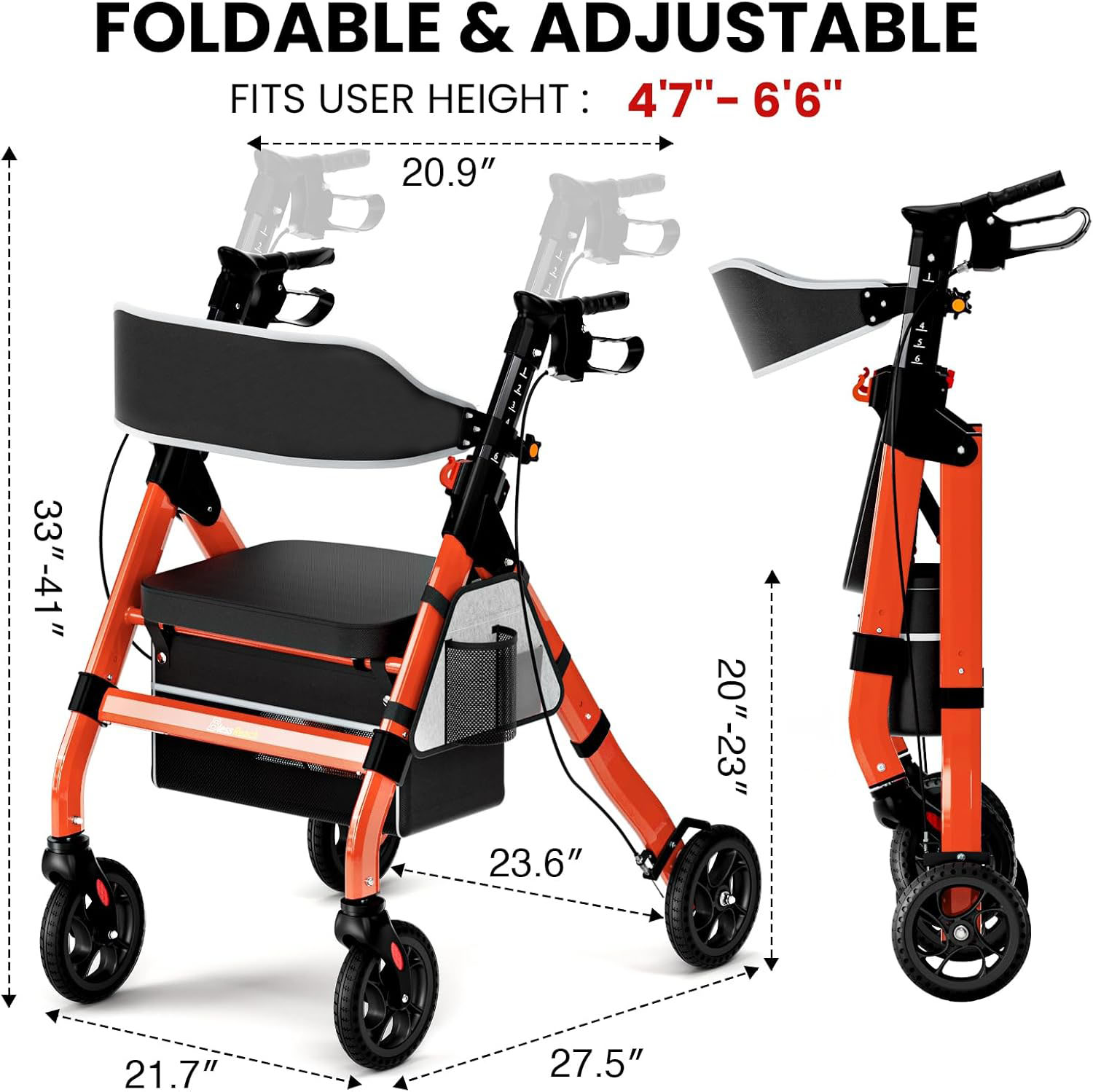 QEEKA Foldable Rollator Walkers with Seat for Seniors,450 lb Capacity,8" Wheels,18" Big Seat,6-Position Adjustable Height,Heavy-Duty Aluminum Rolling Walker