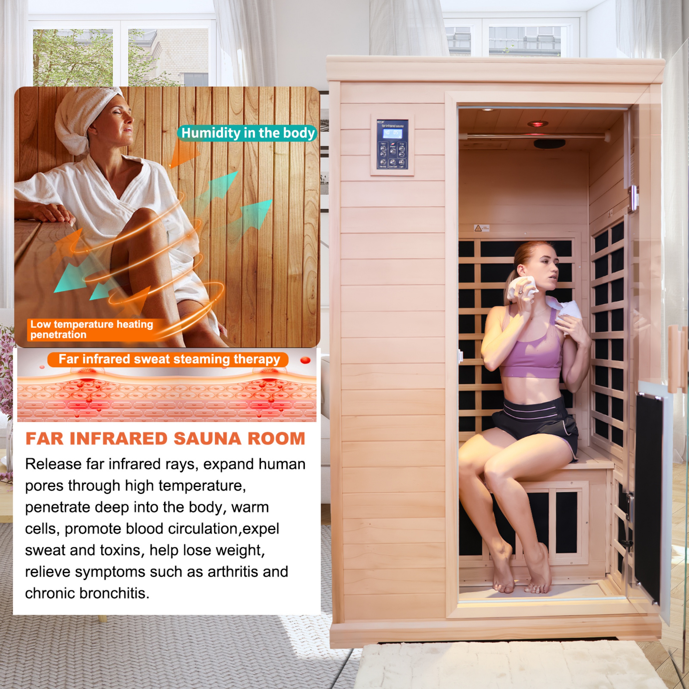 CTOSPOATO 2-Person Far Infrared Dry Sauna - Hemlock Wood Indoor Home Sauna with Low EMF, Colored Lights & 1750W Heater,Natural
