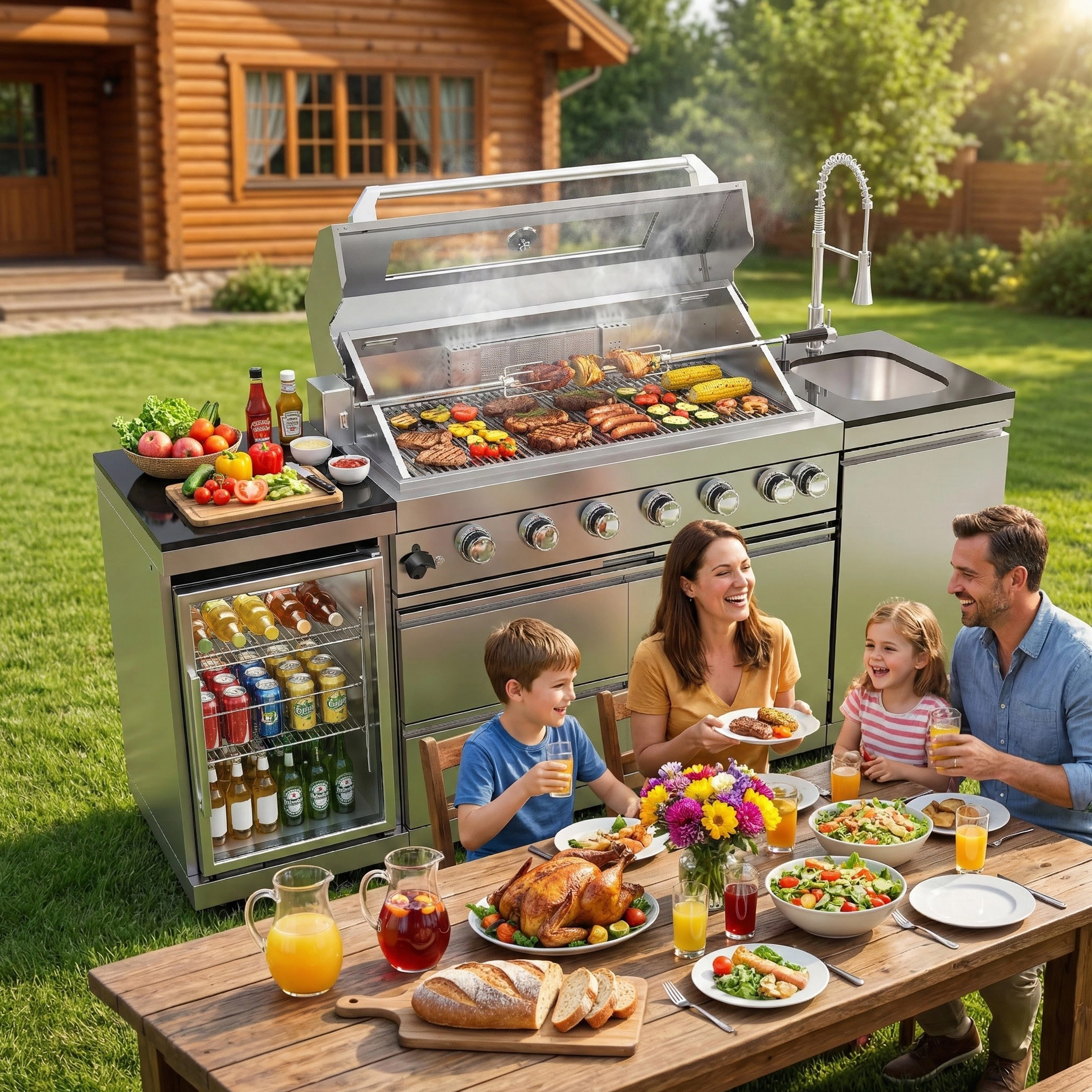 CTOSPOATO 43-Inch Deluxe 6-Burner Outdoor Kitchen Island,85,000 BTU Stainless Steel BBQ Grill,Built-In Wine Cooler,Compact Fridge,Rotisserie,Granite Countertops & Storage Cabinets,Silver