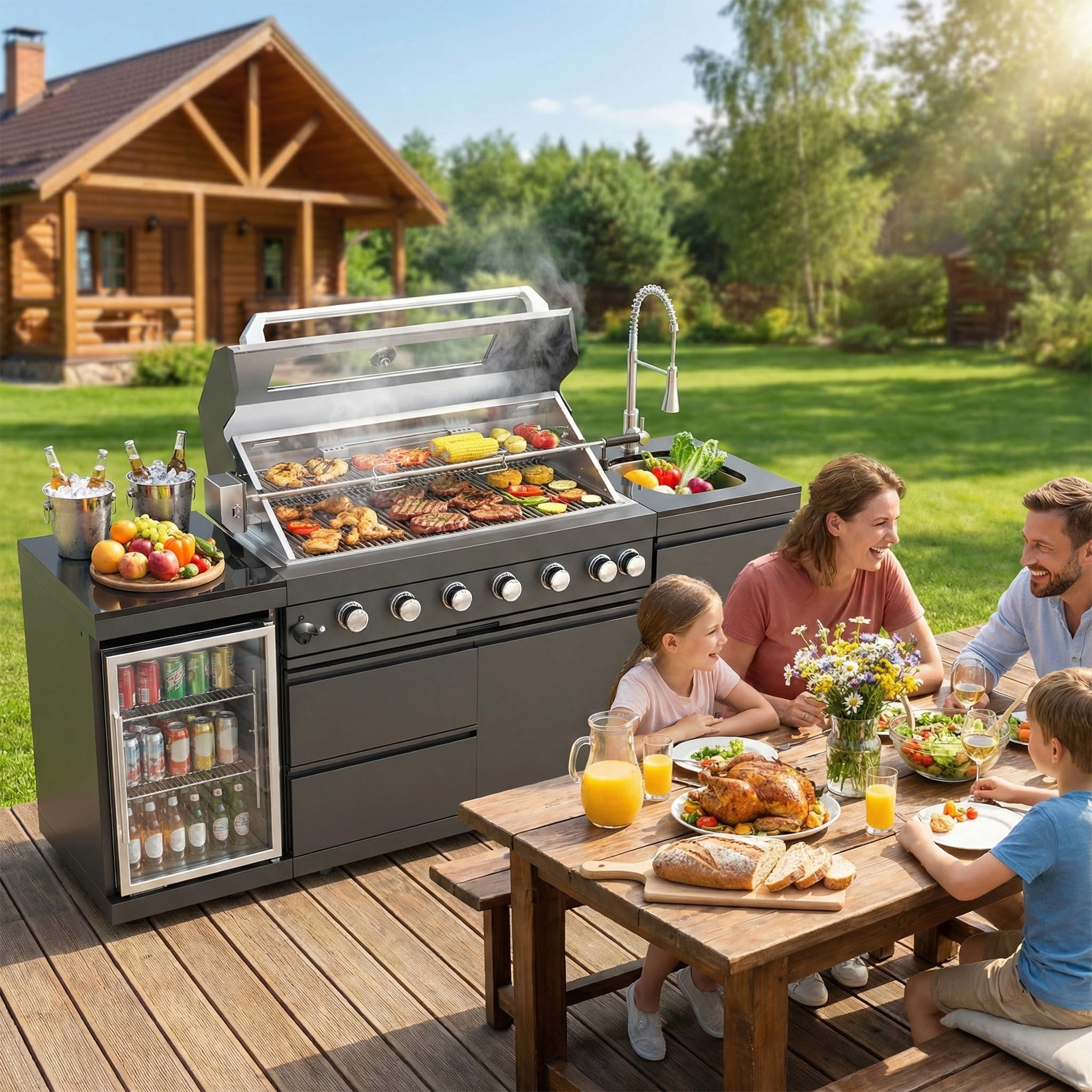 CTOSPOATO 46-Inch 4-Burner 72000 BTU Gas Grill Island - Outdoor Kitchen w/ Compact Fridge,Wine Cooler,Rotisserie & Stainless Steel Sink (Black)