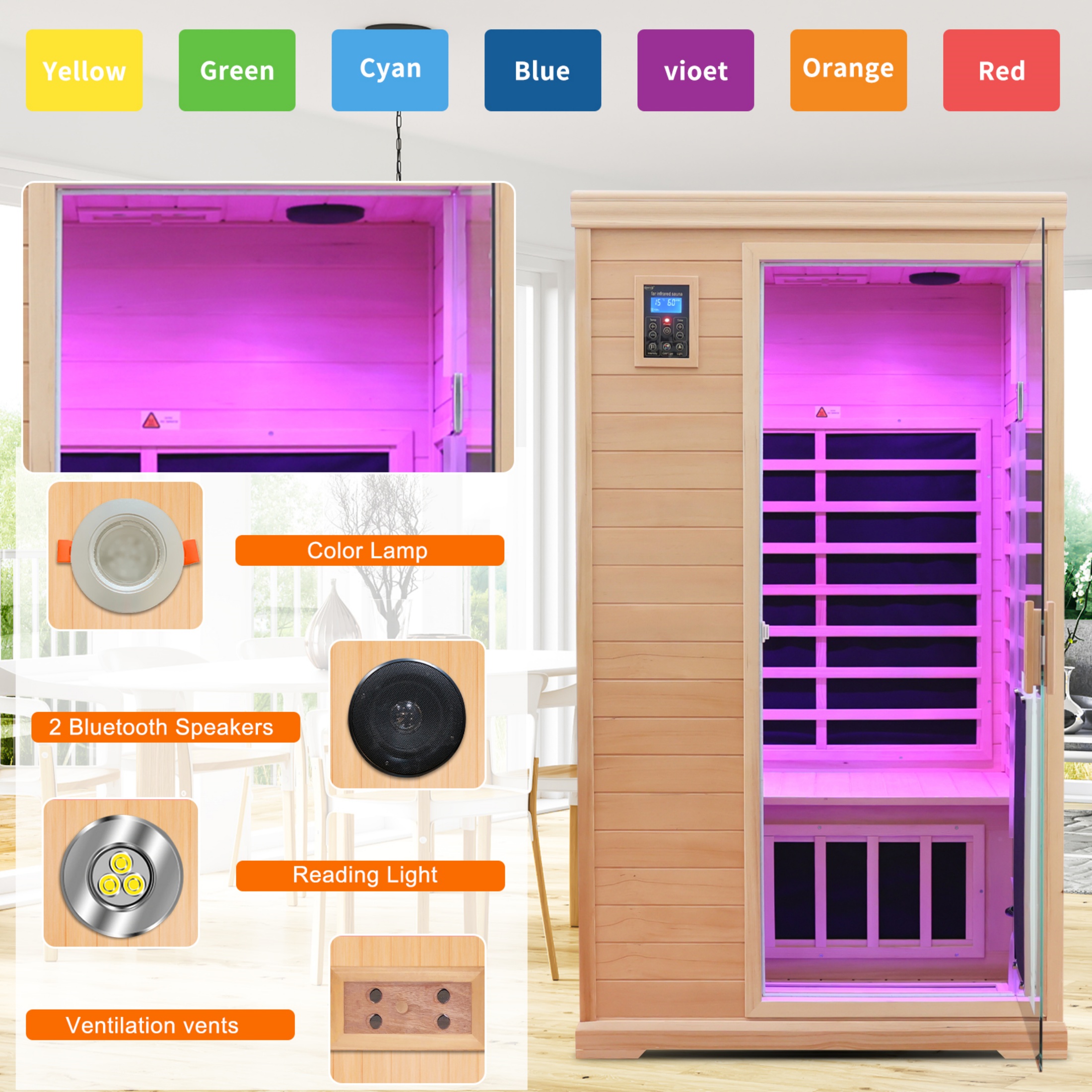 CTOSPOATO 2-Person Far Infrared Dry Sauna - Hemlock Wood Indoor Home Sauna with Low EMF, Colored Lights & 1750W Heater,Natural