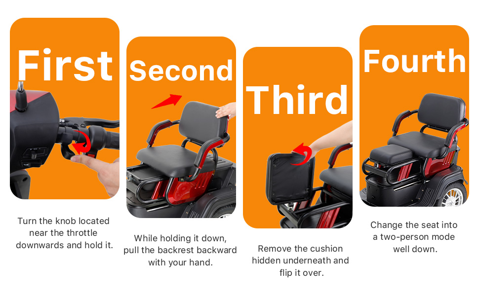 QEEKA 4-Wheel Mobility Scooter, 2-Seater Electric Scooter with Adjustable Seat, 500 lb Capacity, Red