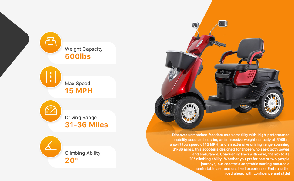 QEEKA 4-Wheel Mobility Scooter, 2-Seater Electric Scooter with Adjustable Seat, 500 lb Capacity, Red