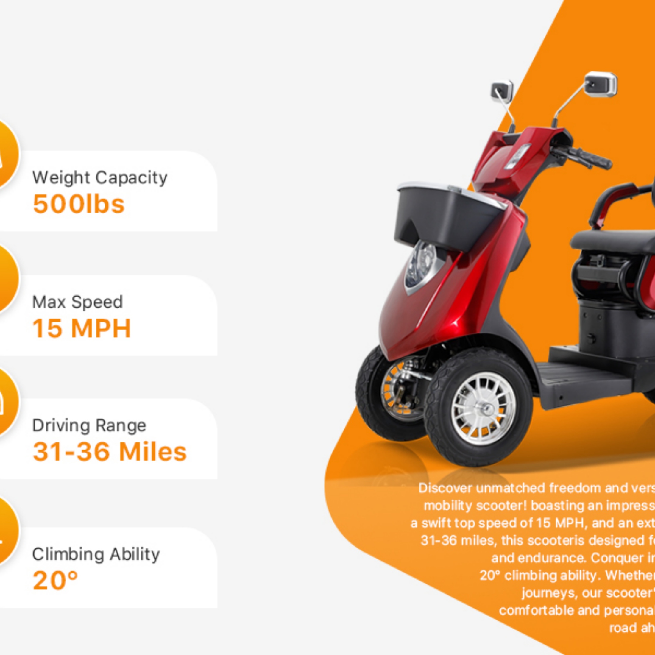 QEEKA 4-Wheel Mobility Scooter, 2-Seater Electric Scooter with Adjustable Seat, 500 lb Capacity, Red