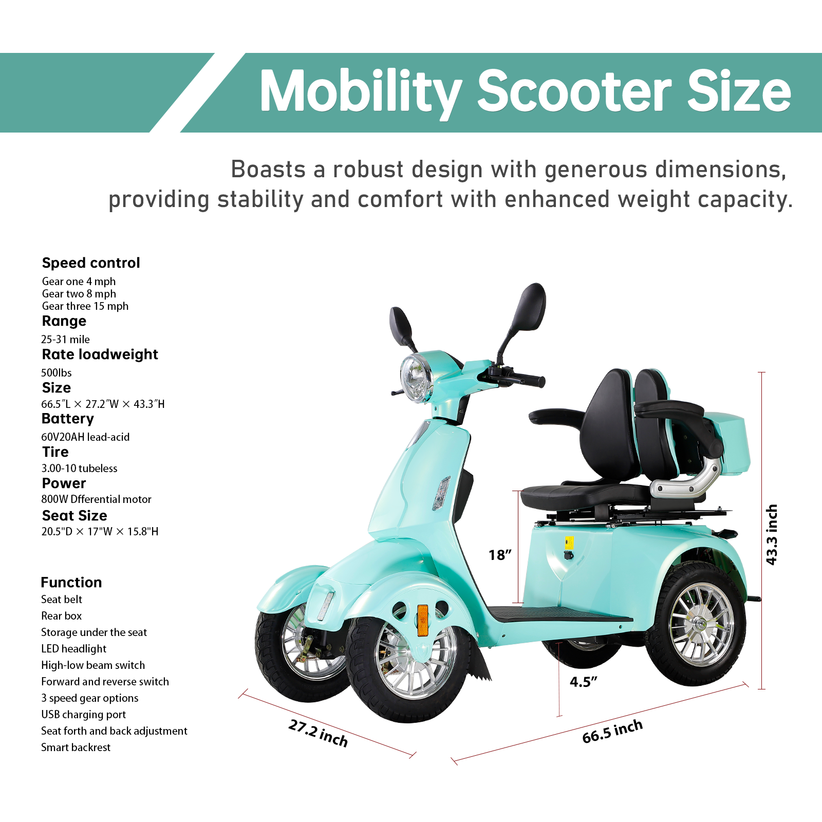 QEEKA Heavy-Duty 4-Wheel Mobility Scooter, 500 lb Limit, Green