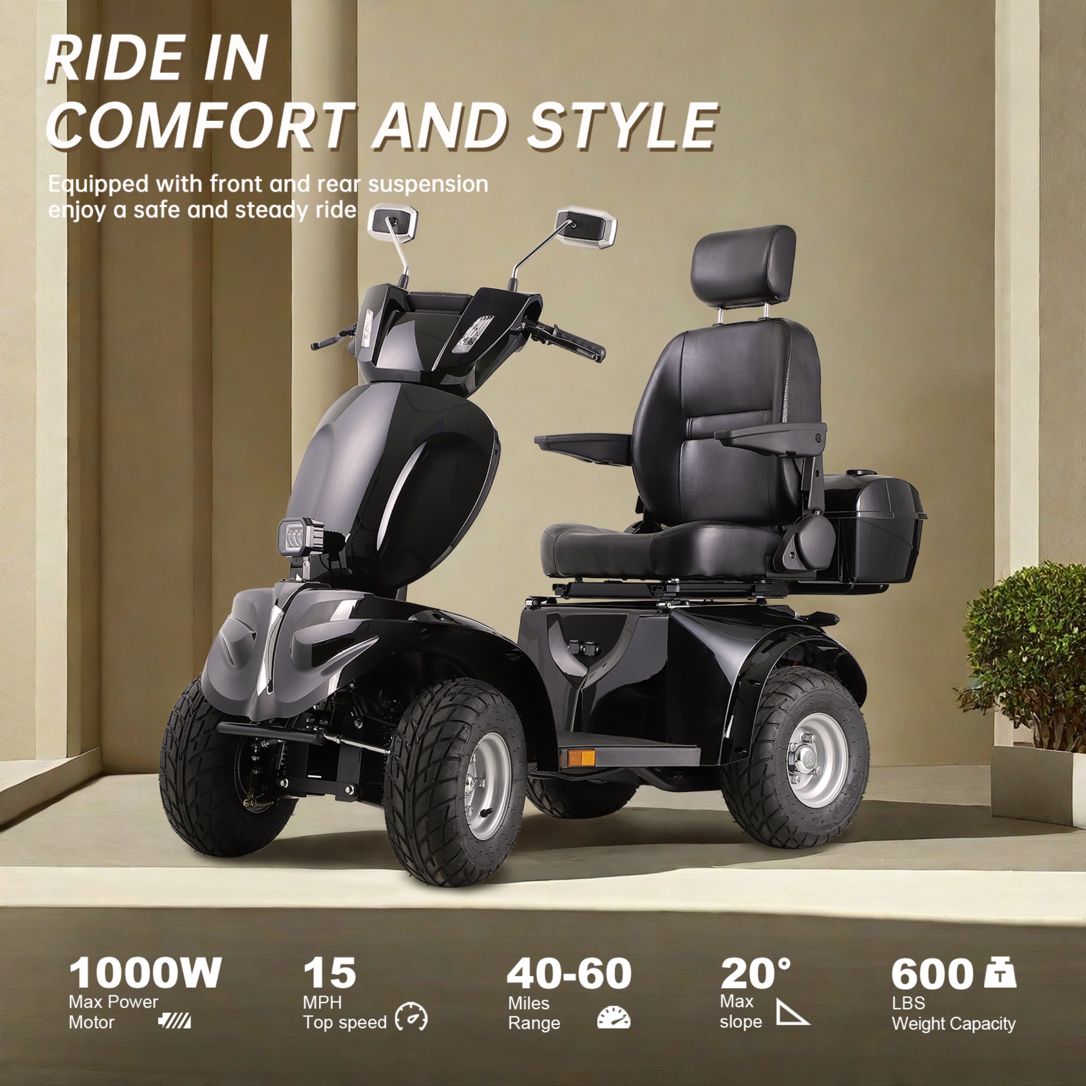 Xlluproid 4-Wheel Mobility Scooter for Adults & Seniors,600lbs Capacity, 3-Speed Electric Powered Mobility Scooter,1000W All Terrain Long Range Adjustable Seat Rear Lockbox,Black