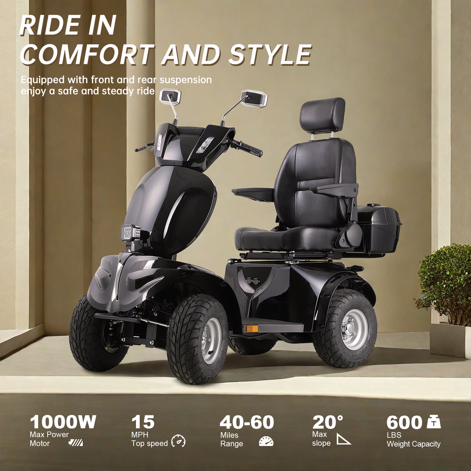 QEEKA Heavy-Duty All-Terrain Electric Mobility Scooter for Adults & Seniors,1000W Motor,600 LBS Capacity,3-Speed,Long Range Battery,Adjustable Seat,Rear Lockbox,Black