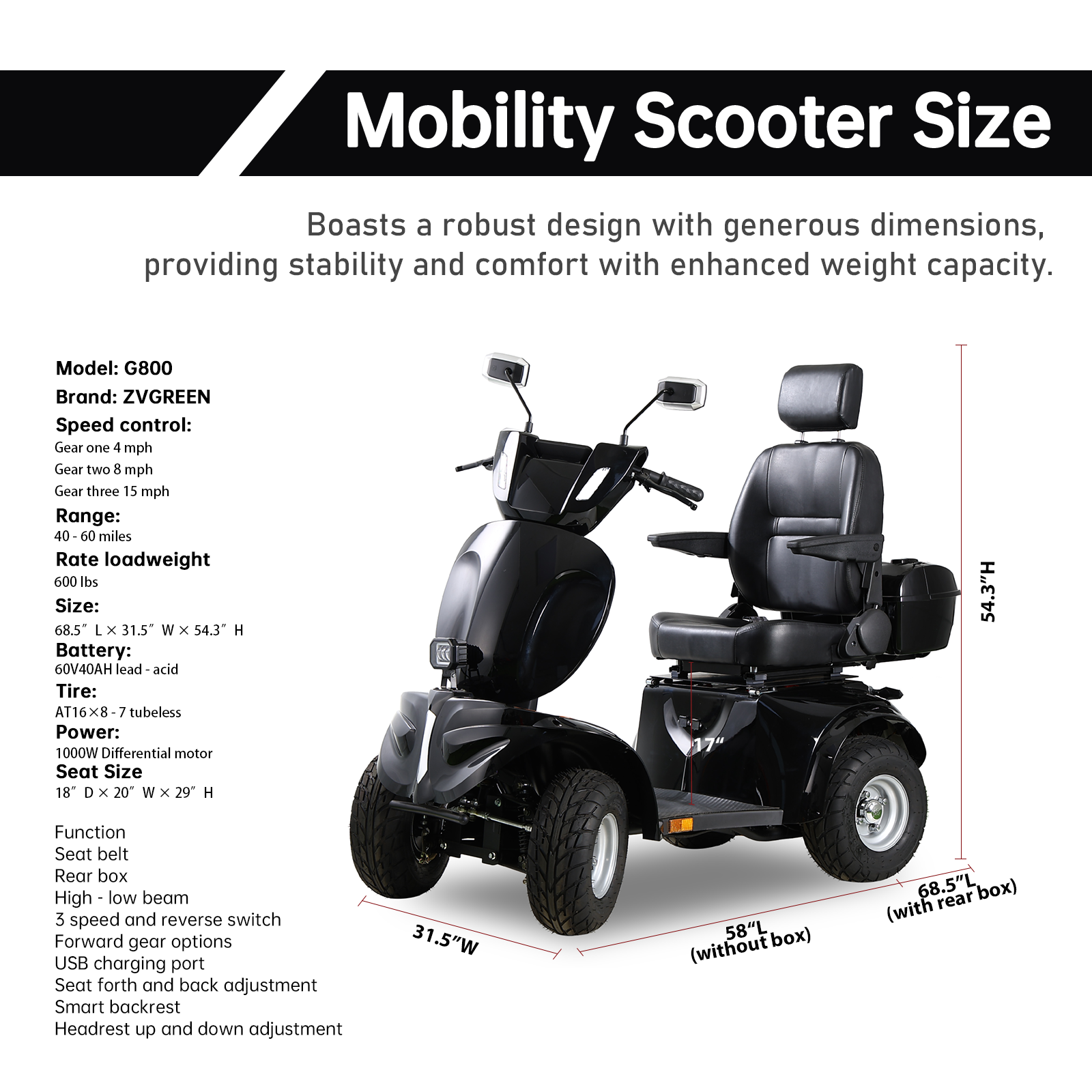 QEEKA Heavy-Duty All-Terrain Electric Mobility Scooter for Adults & Seniors,1000W Motor,600 LBS Capacity,3-Speed,Long Range Battery,Adjustable Seat,Rear Lockbox,Black