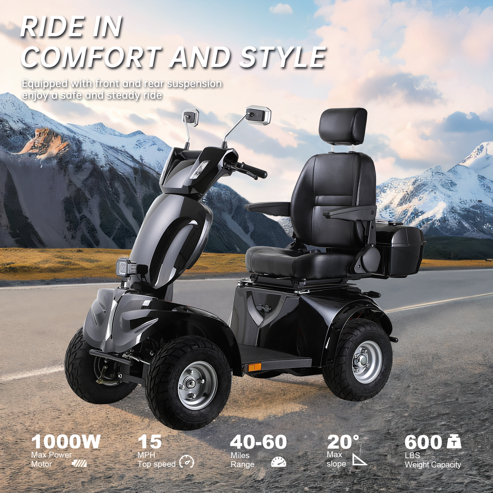 QEEKA Heavy-Duty All-Terrain Electric Mobility Scooter for Adults & Seniors,1000W Motor,600 LBS Capacity,3-Speed,Long Range Battery,Adjustable Seat,Rear Lockbox,Black