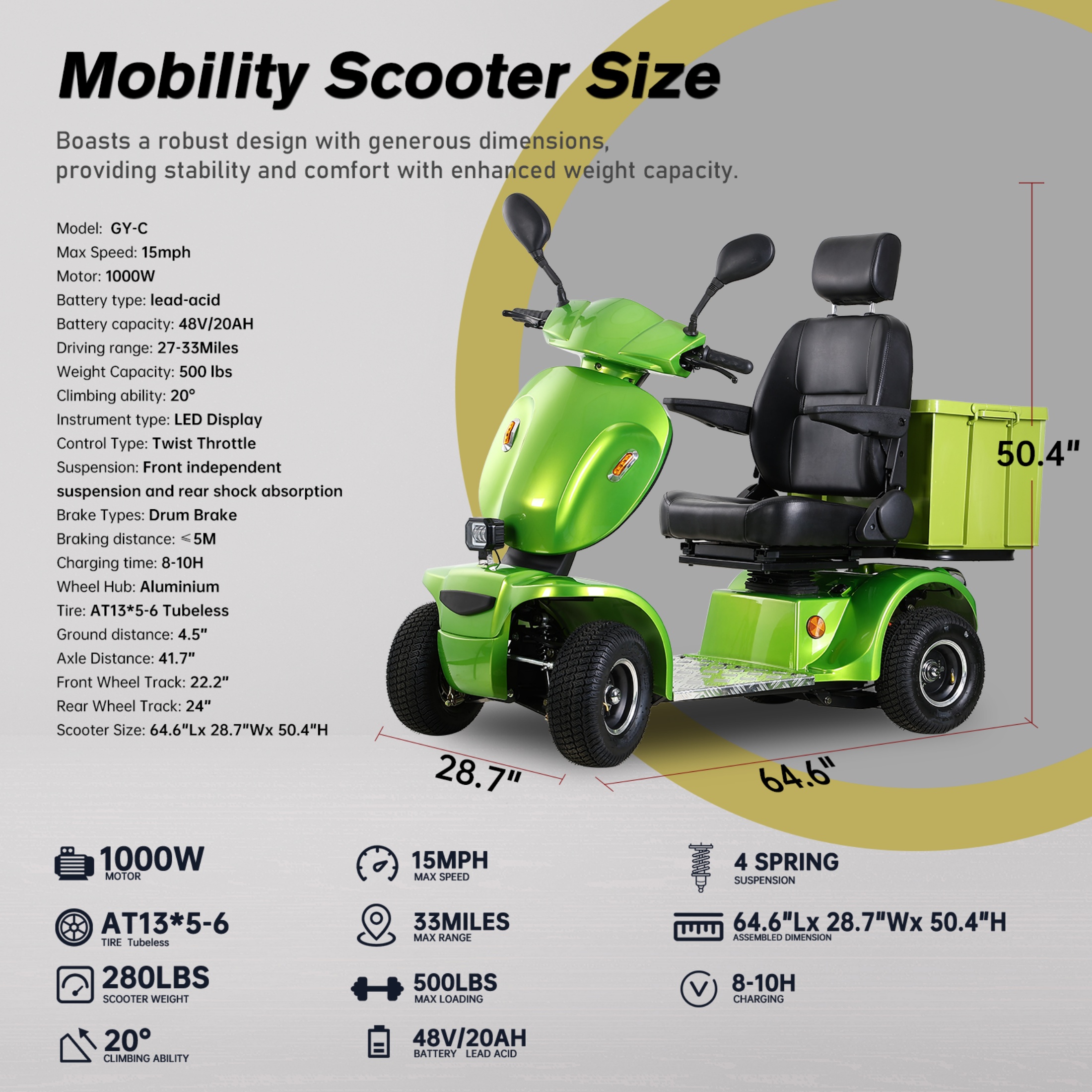 QEEKA Heavy Duty Electric Mobility Scooter,1000W 4-Wheel All Terrain Powered Scooter for Seniors & Adults，Green