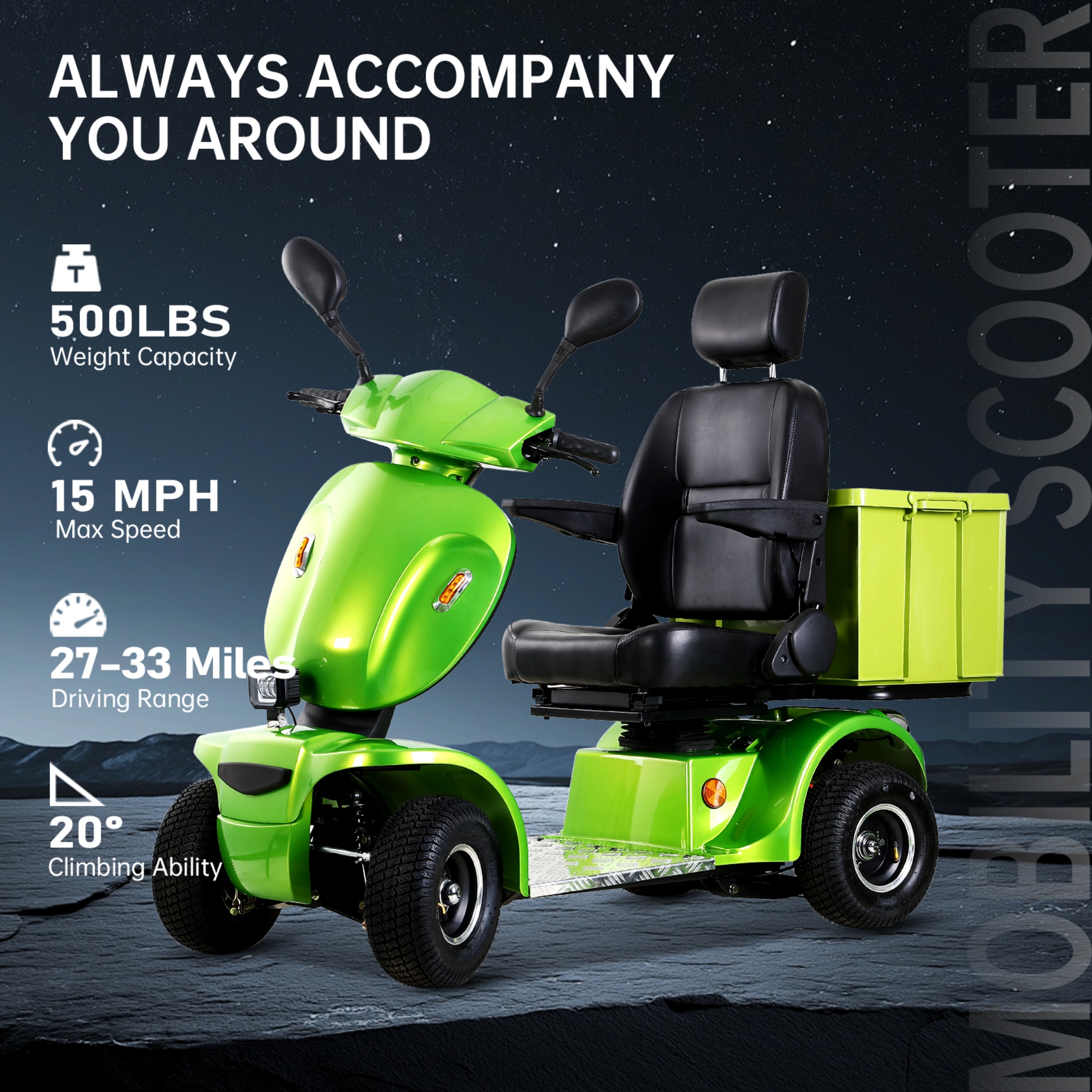 QEEKA Heavy Duty Electric Mobility Scooter,1000W 4-Wheel All Terrain Powered Scooter for Seniors & Adults，Green