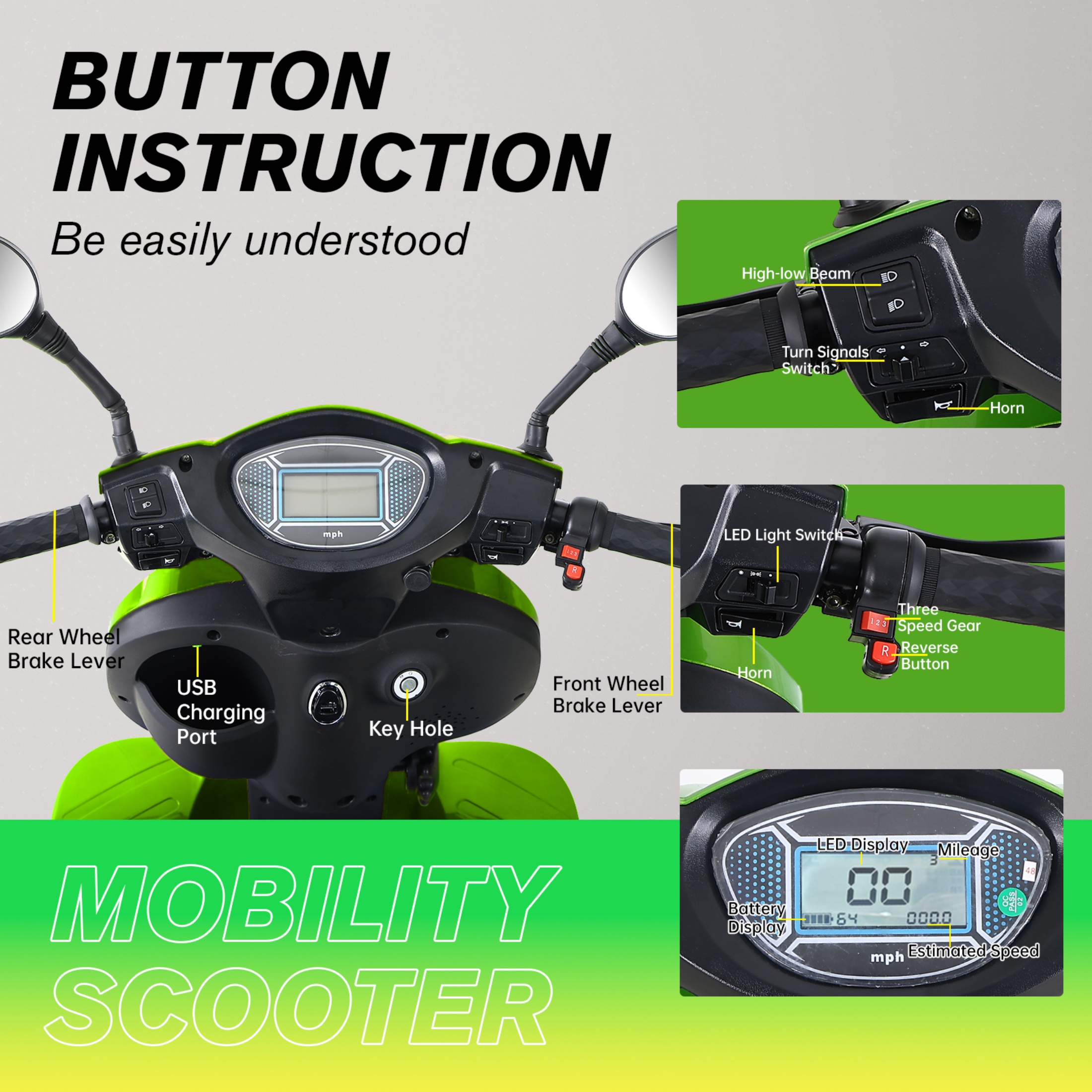 QEEKA Heavy Duty Electric Mobility Scooter,1000W 4-Wheel All Terrain Powered Scooter for Seniors & Adults，Green