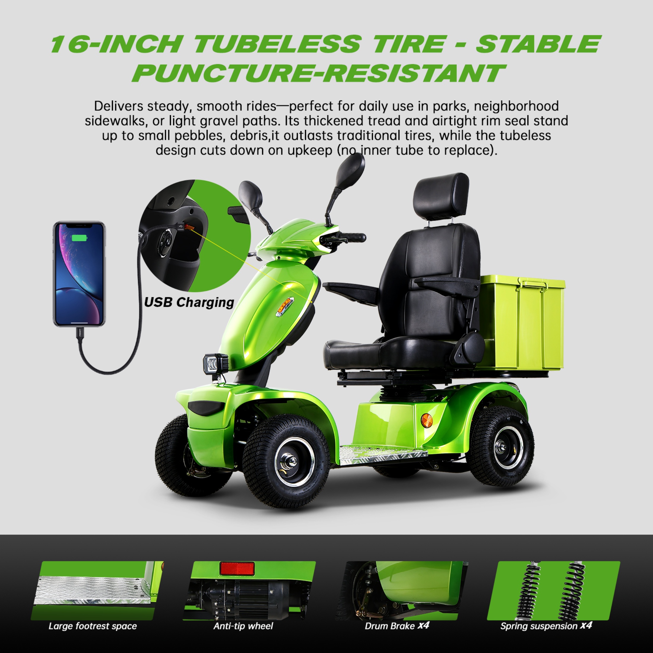 QEEKA Heavy Duty Electric Mobility Scooter,1000W 4-Wheel All Terrain Powered Scooter for Seniors & Adults，Green