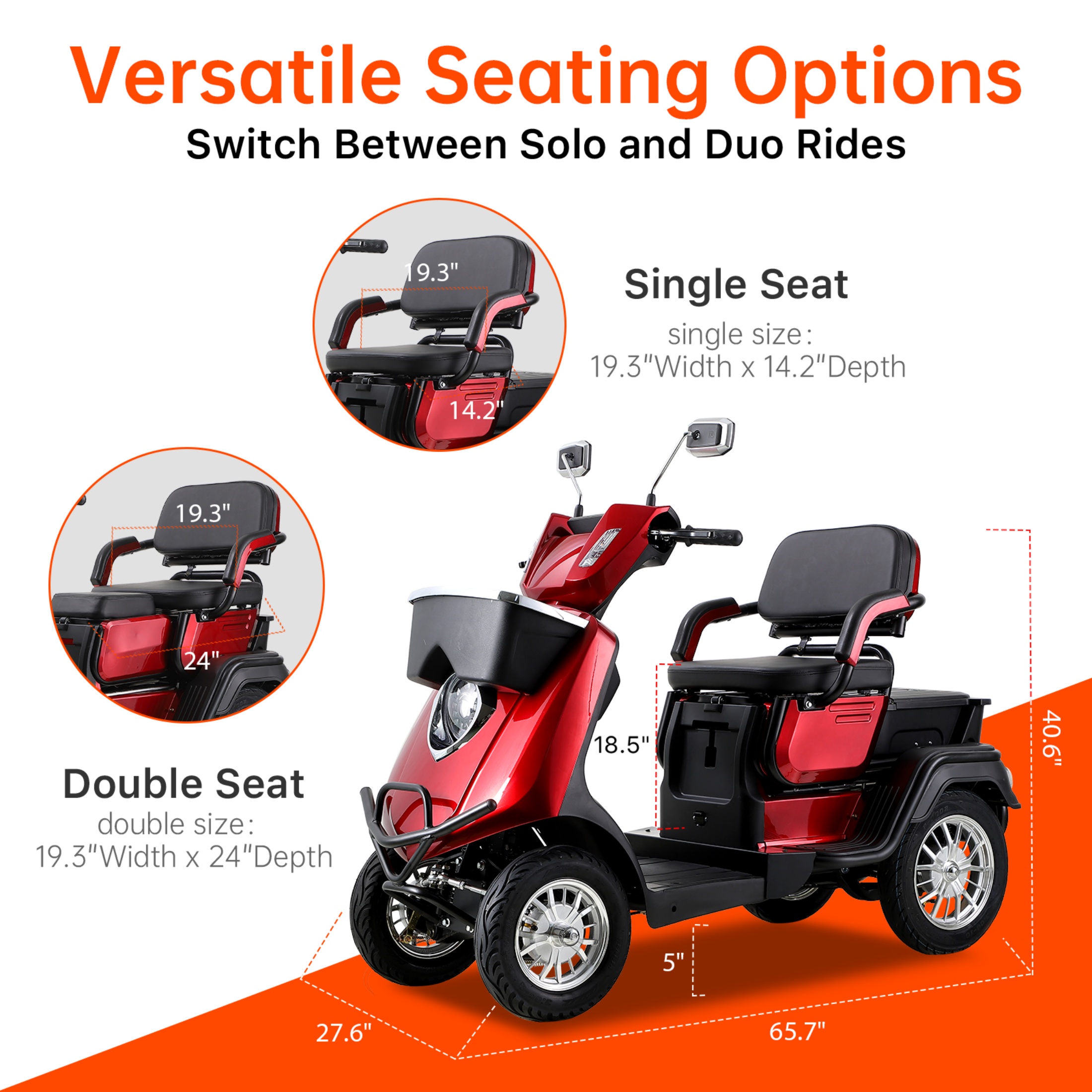 Xlluproid 2-Seater 4-Wheel Mobility Scooter,1000W,500LBS Capacity,Anti-Theft Remote,Adjustable Seat,Storage Box,Brake Lights,Red