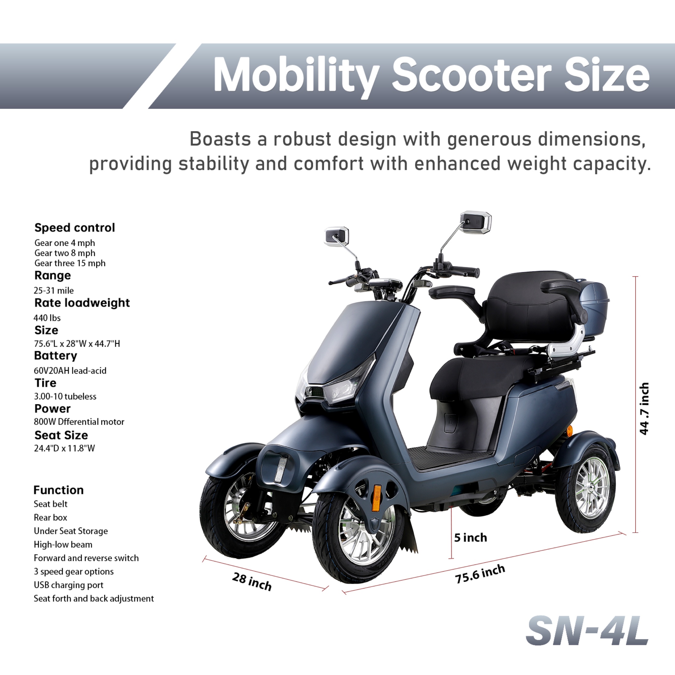 QEEKA Heavy-Duty 4 Wheel,500 Lbs Capacity,3 Speed Control with 35-40 mile Long Range Battery for Seniors & Adults Travel,20°Max Climbing,Remote Key