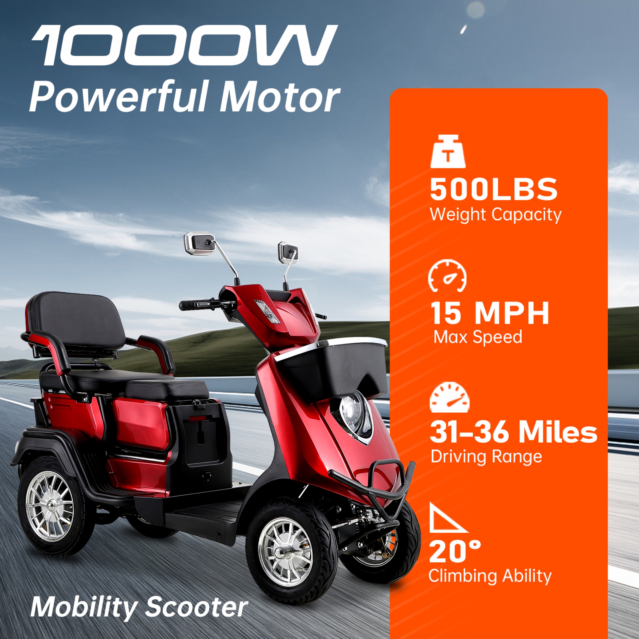 Xlluproid 2-Seater 4-Wheel Mobility Scooter,1000W,500LBS Capacity,Anti-Theft Remote,Adjustable Seat,Storage Box,Brake Lights,Red