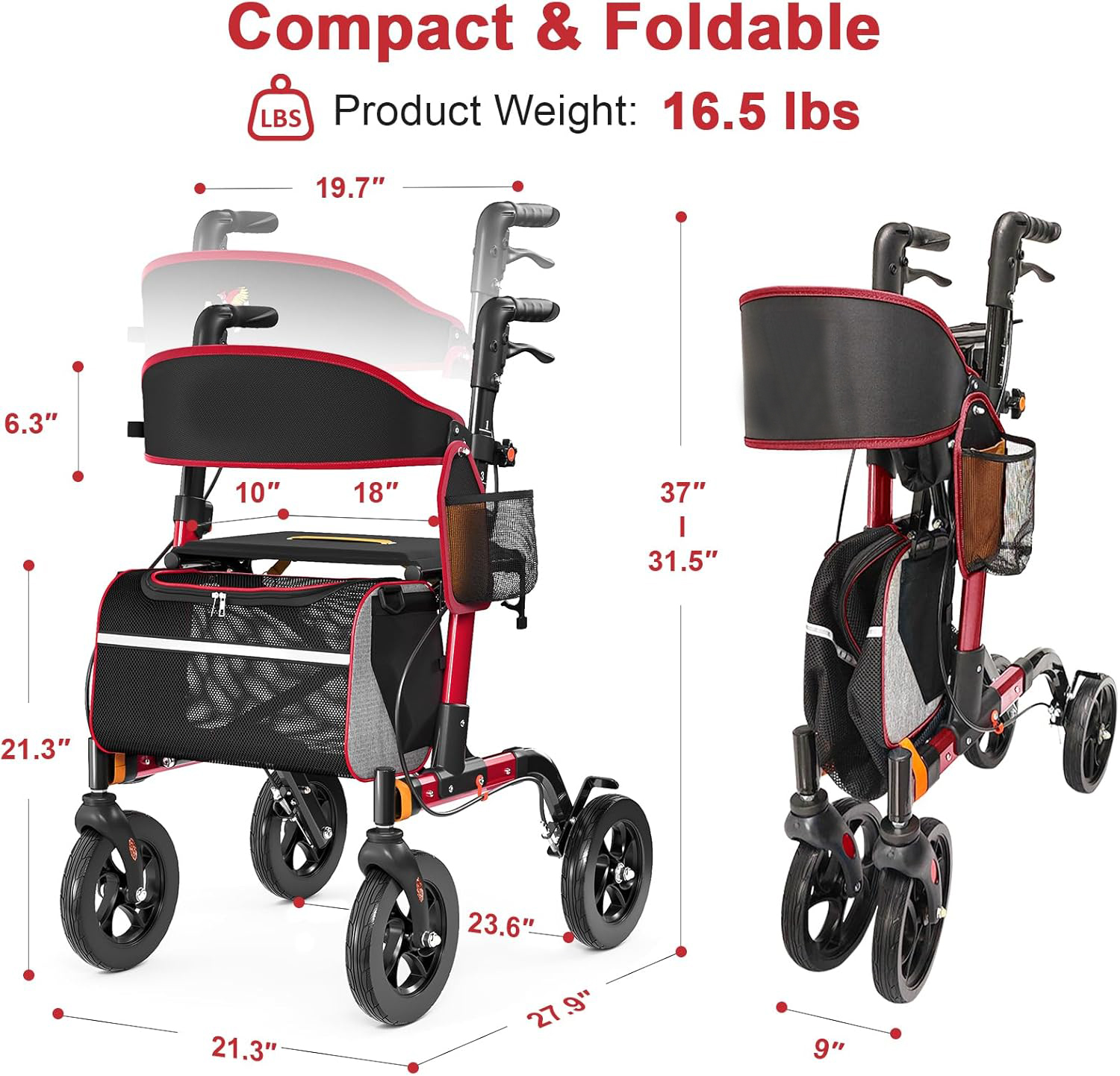 QEEKA Rollator Walker with Seat,350 lb Weight Capacity,18" Big Seat,8" All-Terrain Wheels,6-Level Adjustable Height,Lightweight Aluminum Frame Rollator Walkers for Seniors