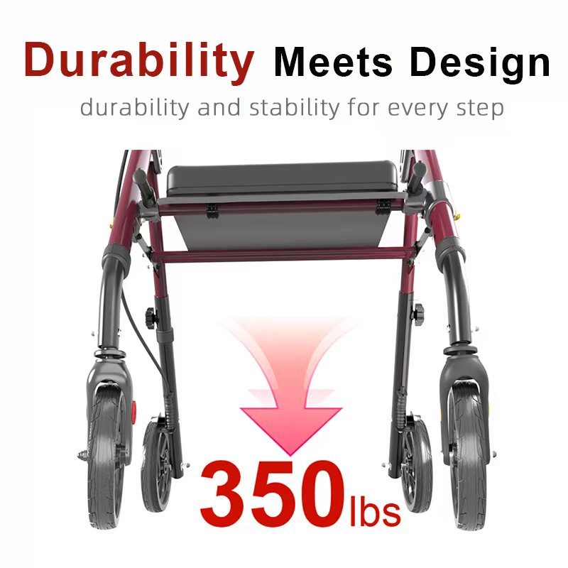 QEEKA Foldable Rollator Walkers with Seat for Seniors,350 lb Capacity,8'' Big Wheels,6-Position Height，Premium Hybrid Rolling Walker - Aluminum and Carbon Steel
