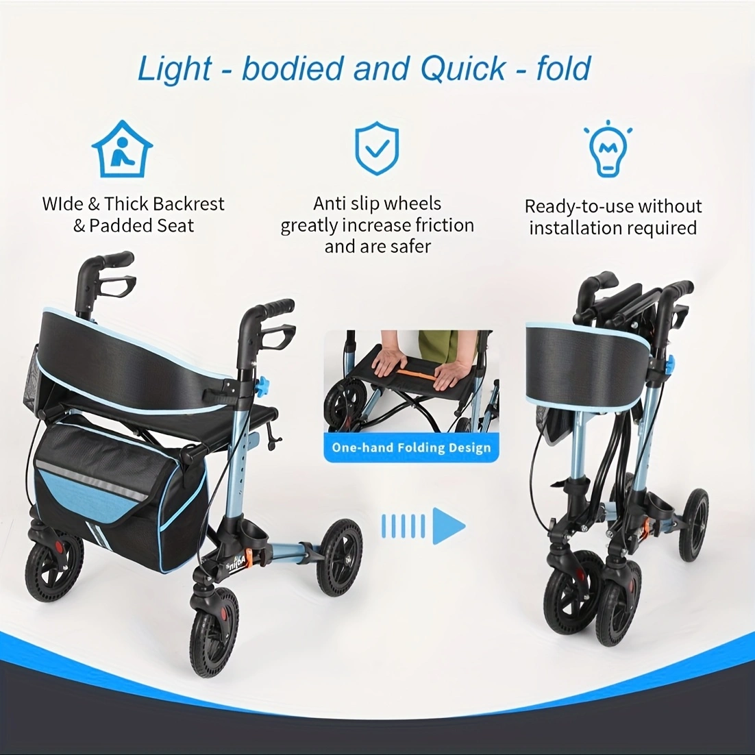 QEEKA Foldable Rollator Walkers with Seat for Seniors,350 lb Capacity,8'' Big Wheels,6-Position Height