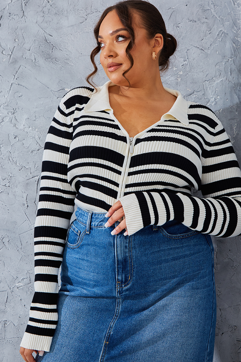 Stripe Zip Detail Knit Top
