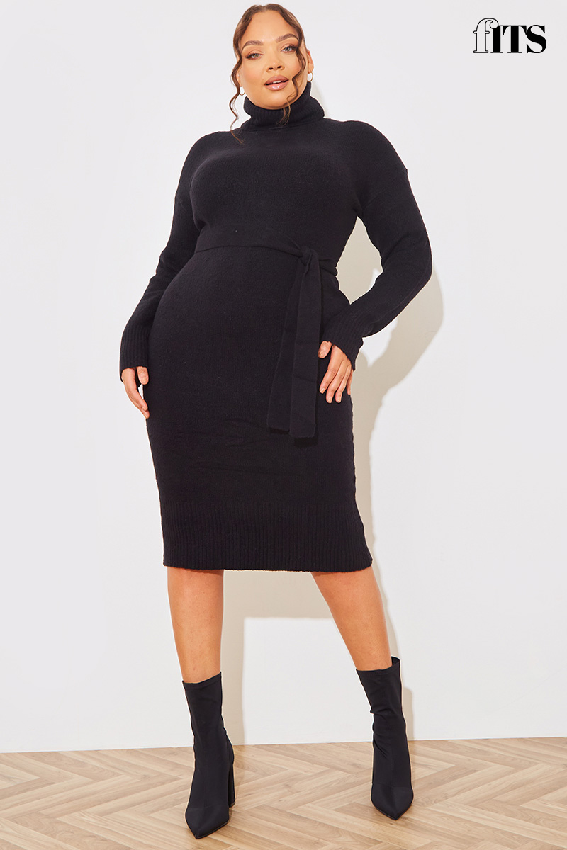Knitted Roll Neck Belted Jumper Midaxi Dress