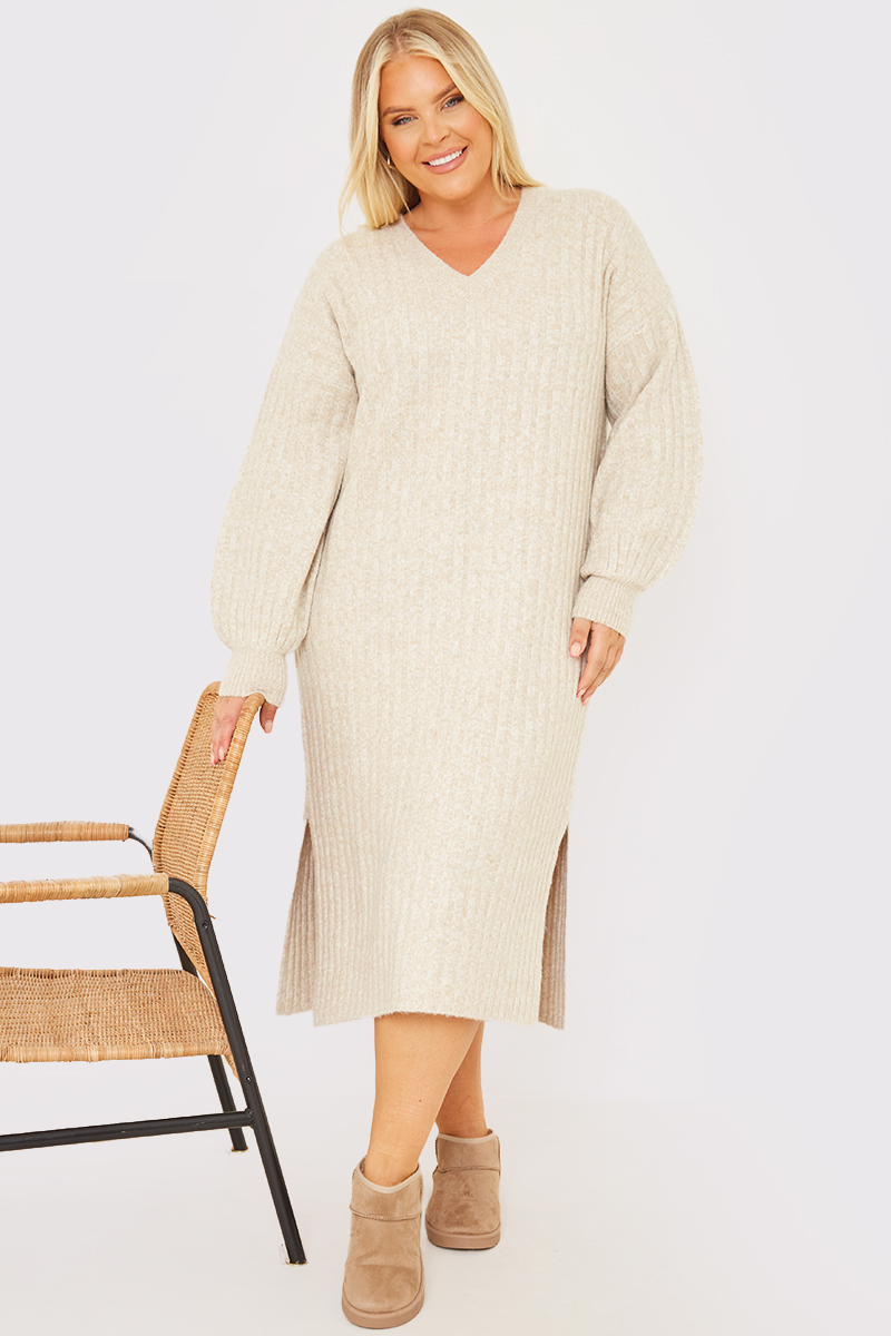 V Neck Wide Rib Midaxi Knitted Dress
