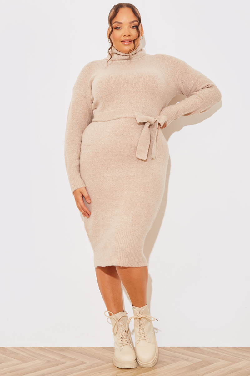 Knitted Roll Neck Belted Jumper Midaxi Dress