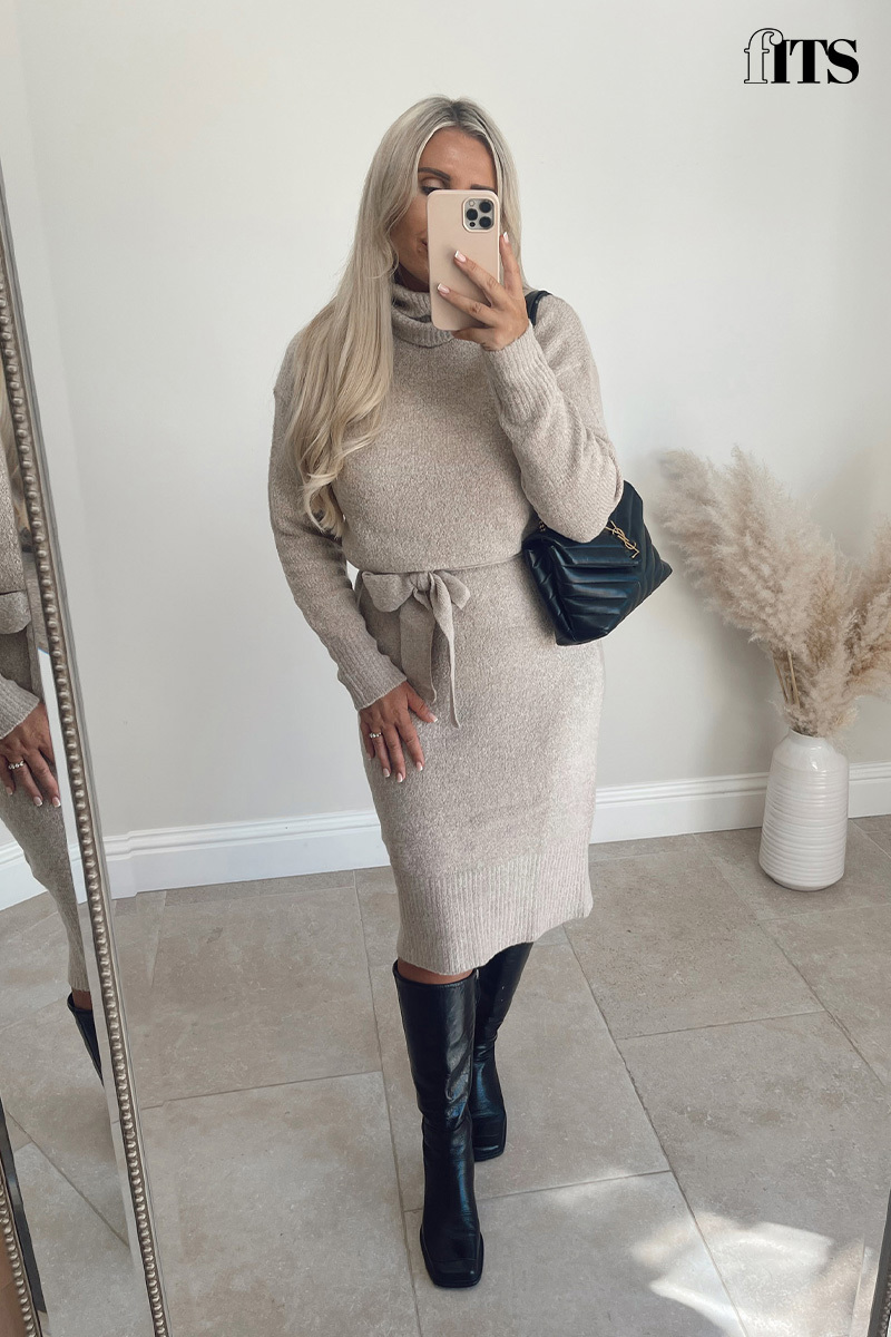 Knitted Roll Neck Belted Jumper Midaxi Dress