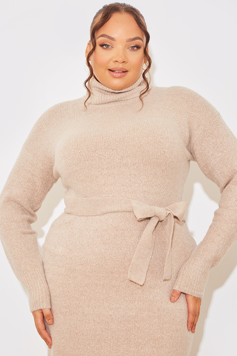 Knitted Roll Neck Belted Jumper Midaxi Dress