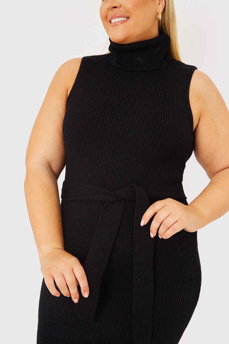 Roll Neck Sleeveless Belted Midaxi Knitted Dress