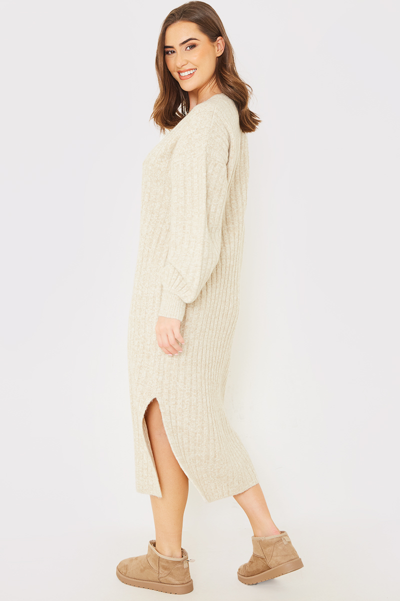 V Neck Wide Rib Midaxi Knitted Dress