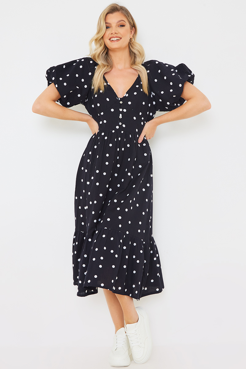Polka Dot Puff Sleeve Sweetheart Midi Dress