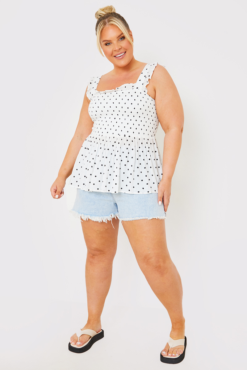 Polka Dot Shirring Peplum Top