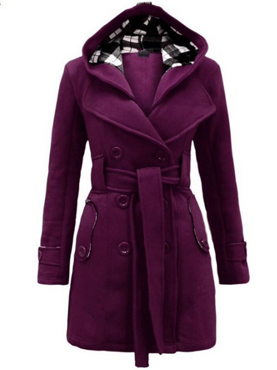 Long Checked Hooded Coat With Belt