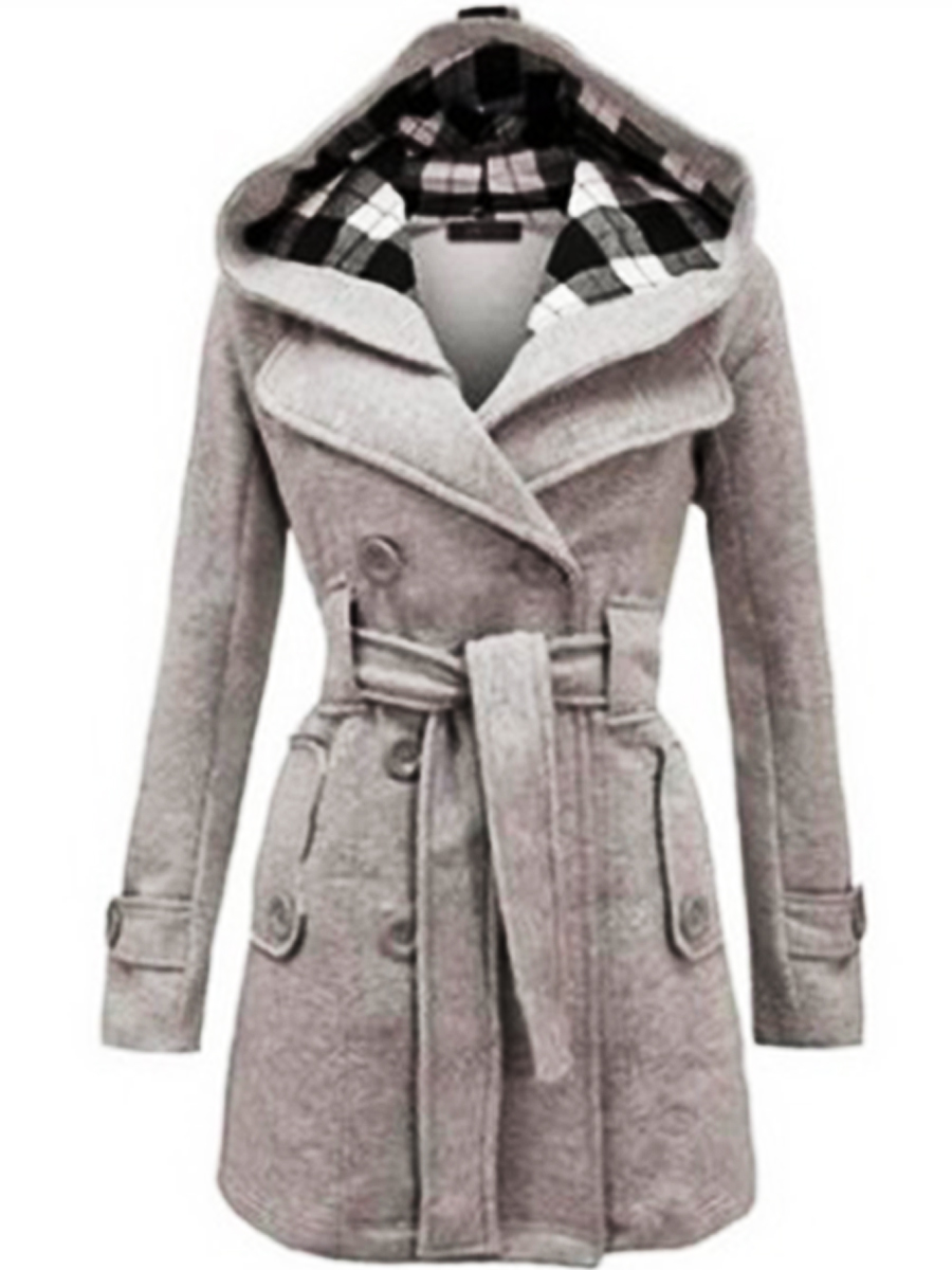 Long Checked Hooded Coat With Belt