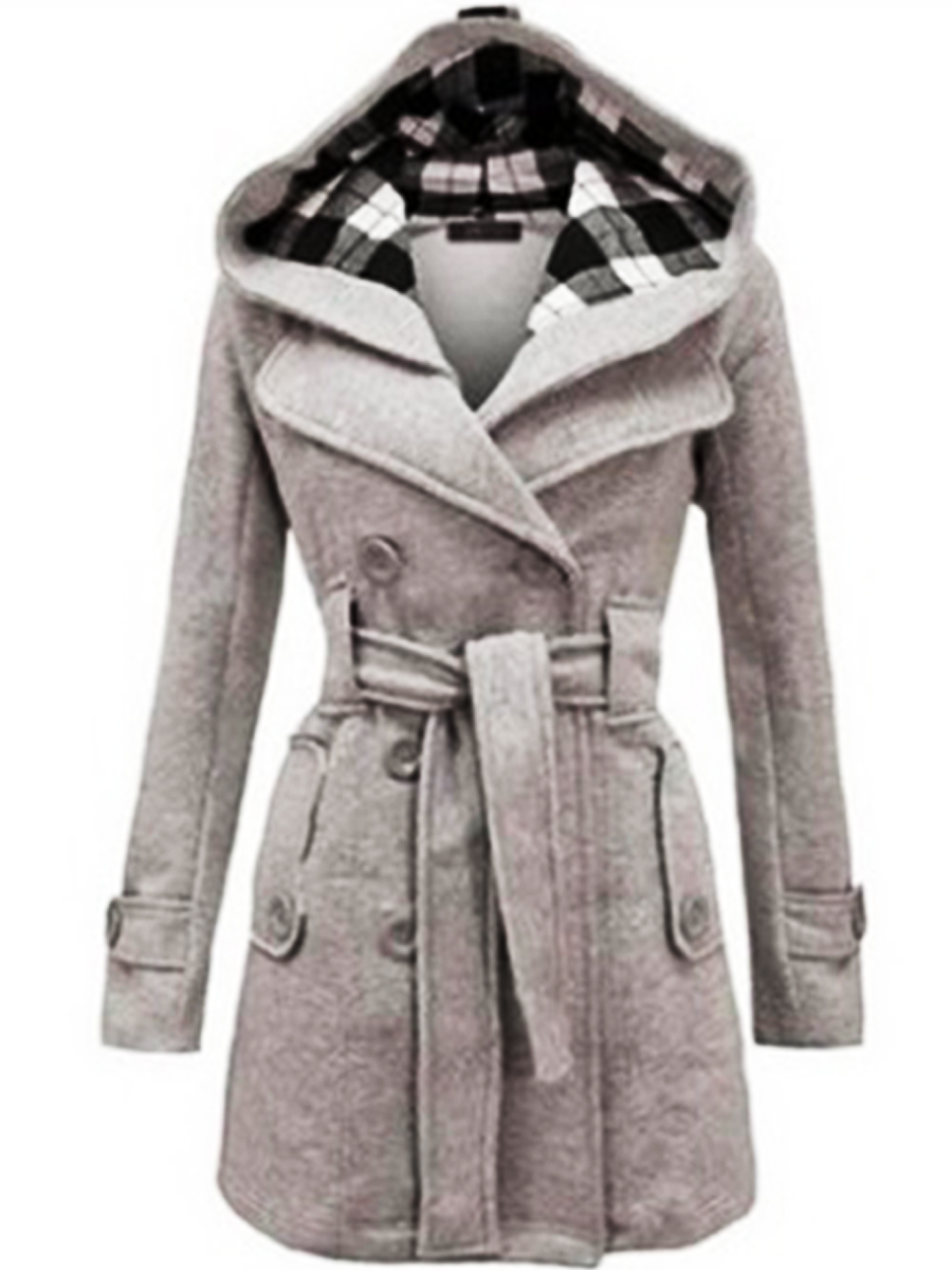 Long Checked Hooded Coat With Belt