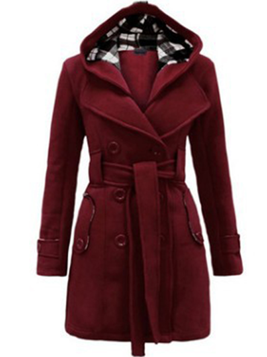 Long Checked Hooded Coat With Belt