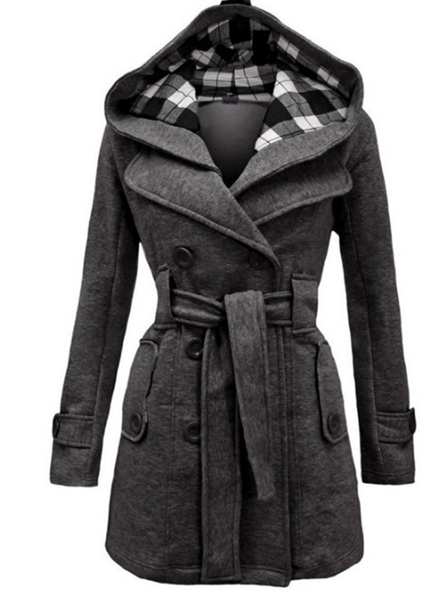 Long Checked Hooded Coat With Belt