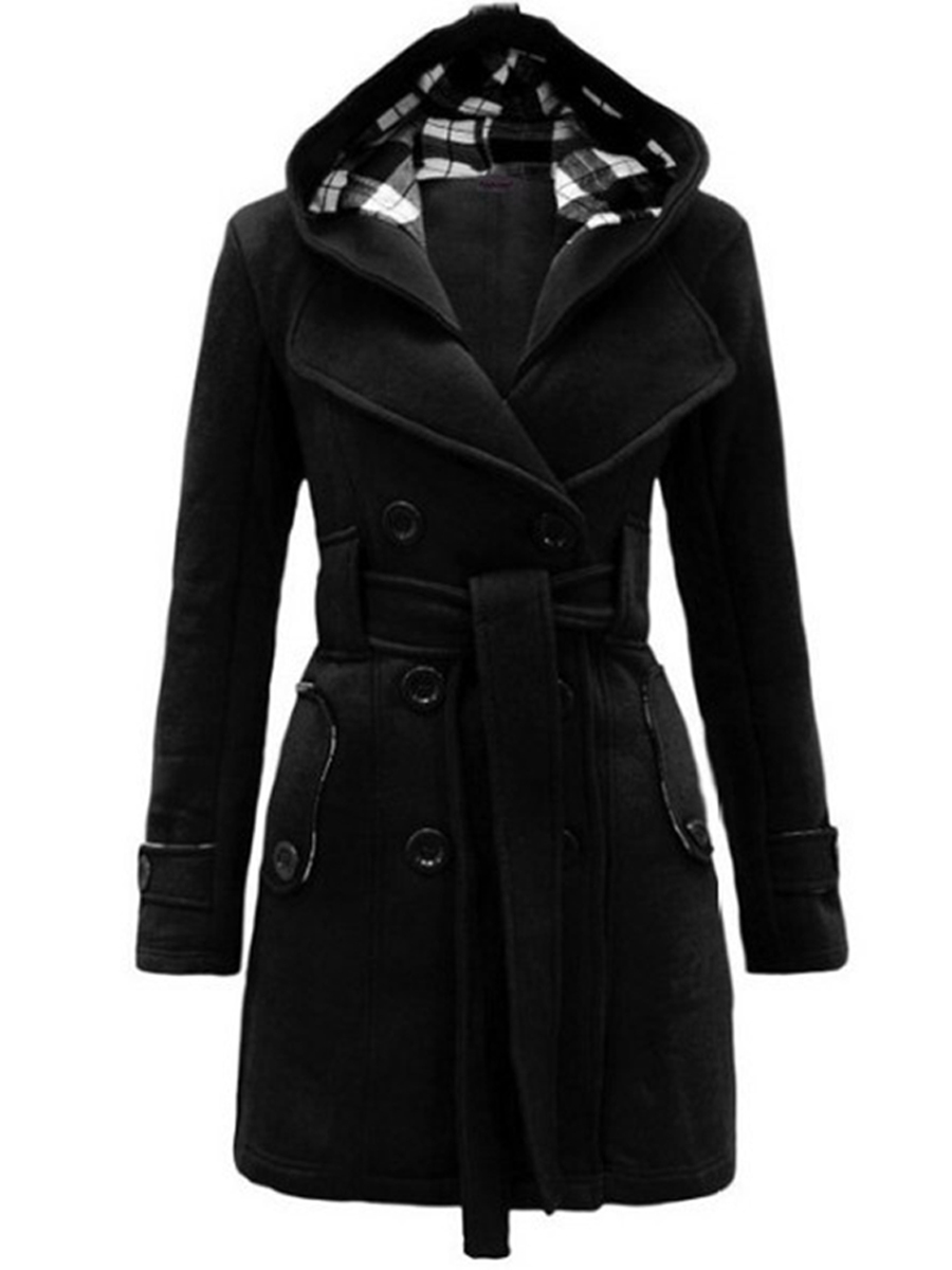 Long Checked Hooded Coat With Belt